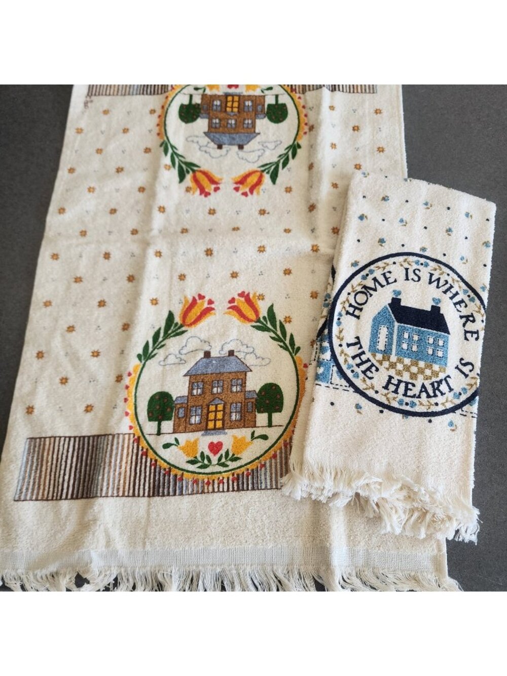 Vtg Cottagecore Fringed Kitchen Towel Set House Home Is Where The Heart Is